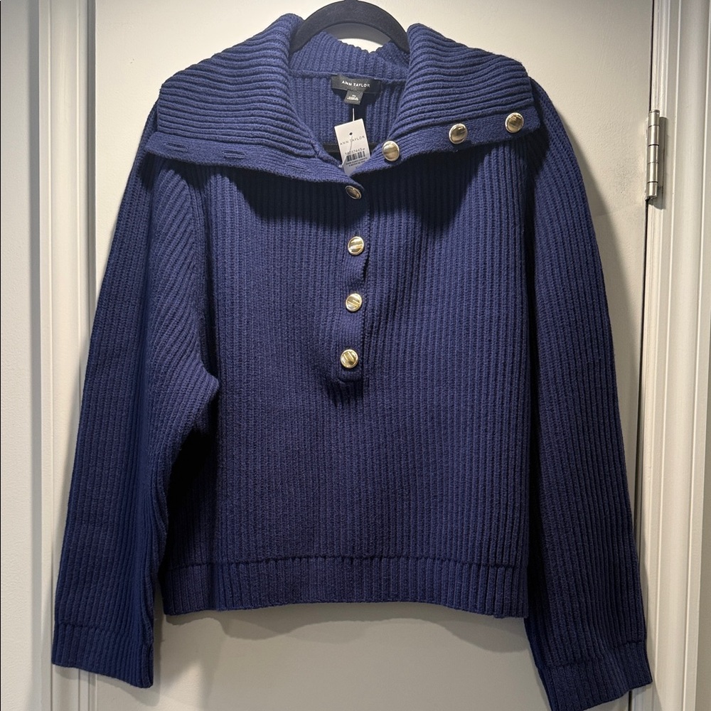 Ann Taylor Navy Ribbed Sailor-Collar Pullover with Gold Buttons